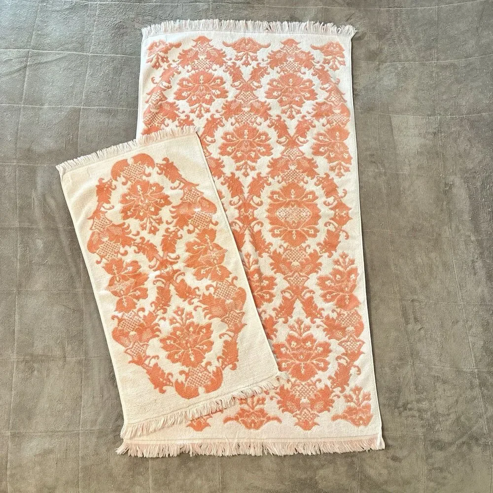 VTG Callaway Bath Towel, Hand Towel Grand Damask Floral Peach Orange *READ*